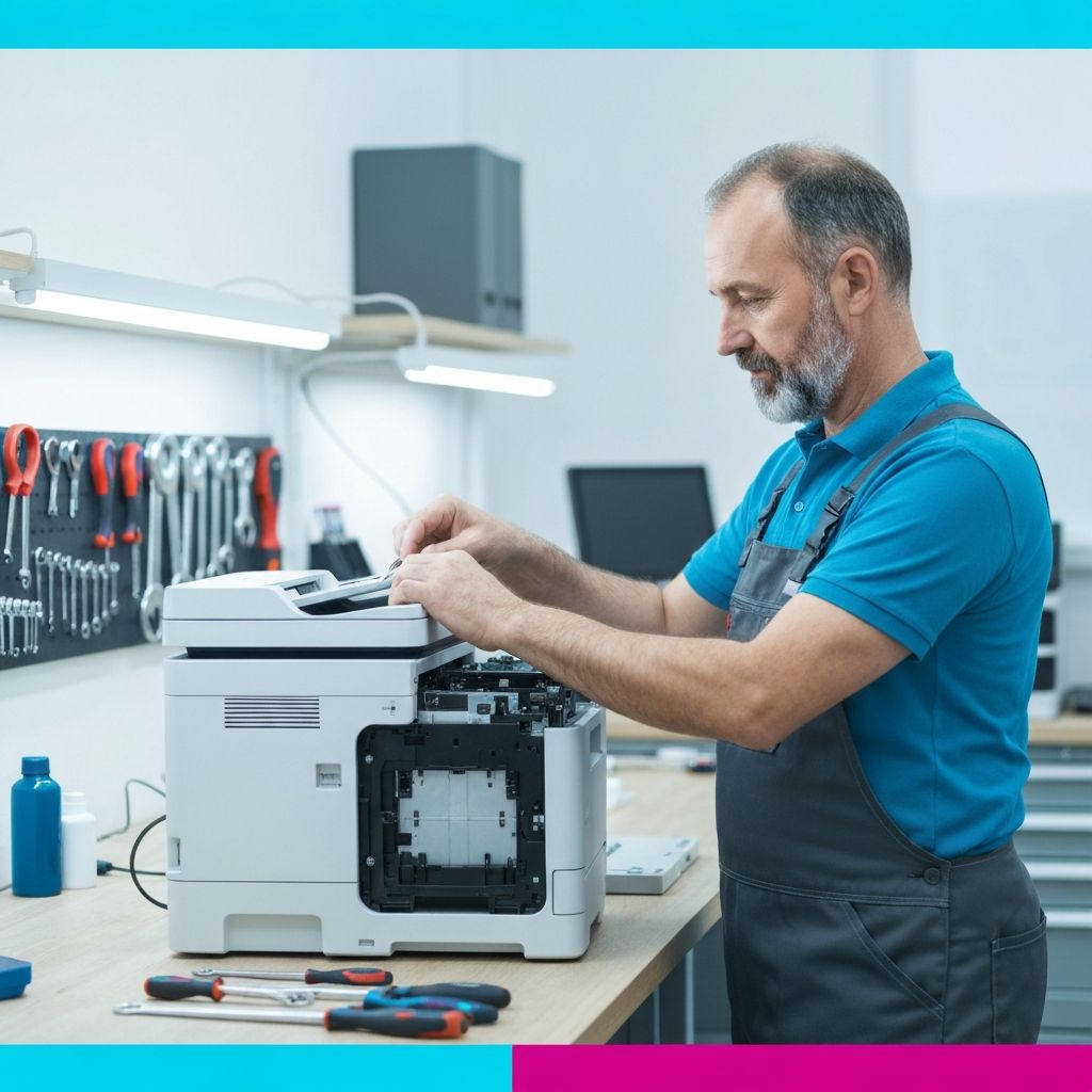Técnico consertando impressora